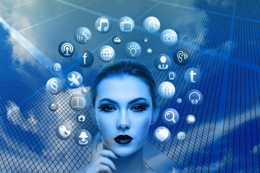 woman, face, social media, thoughts, head, applications, apps, social media applications, icons, circle, tree, networks, internet, social, social network, facebook, google, social networking, nature, networking, multimedia, blue